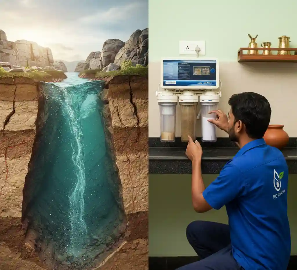 Professional RO Service In Ariyakudi technician inspecting wall-mounted water purifier affected by borewell mineral water