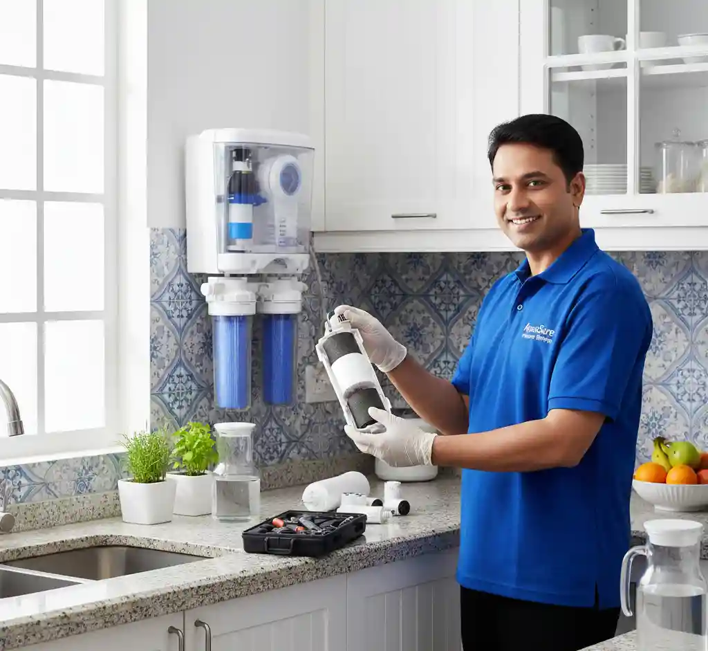 RO Service in Poovanthi technician checking water purifier filters in kitchen