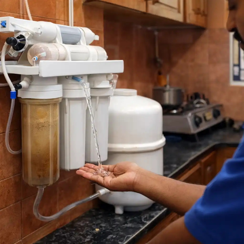 RO Service in Thiruppachethi showing muddy sediment buildup in pre-filter and slow water flow from home purifier