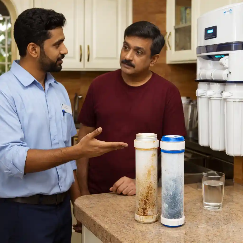 Home RO service in Kottur with technician checking filter cartridges