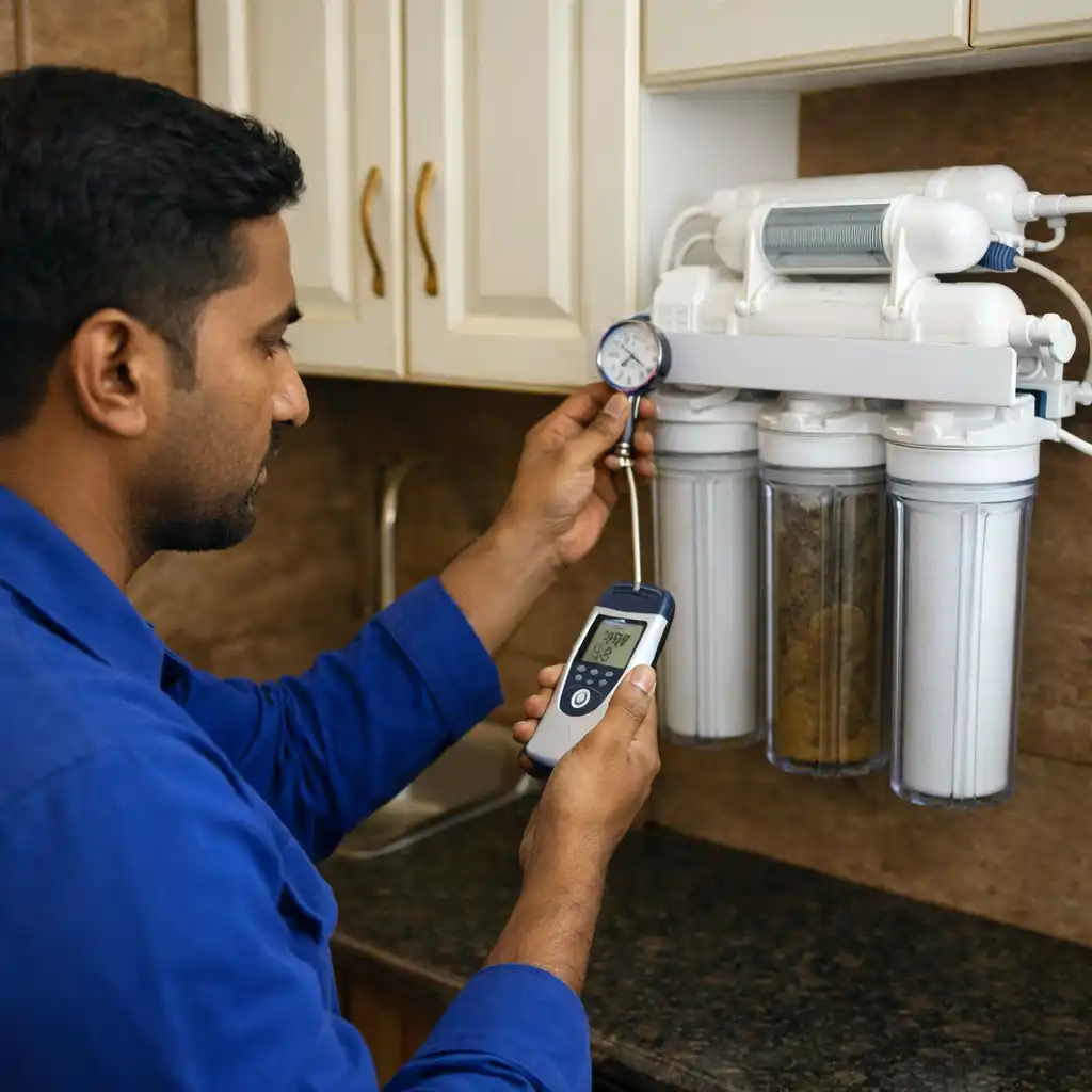 Professional RO Service in Vairavanpatti – technician checking TDS meter and pressure gauge in home kitchen